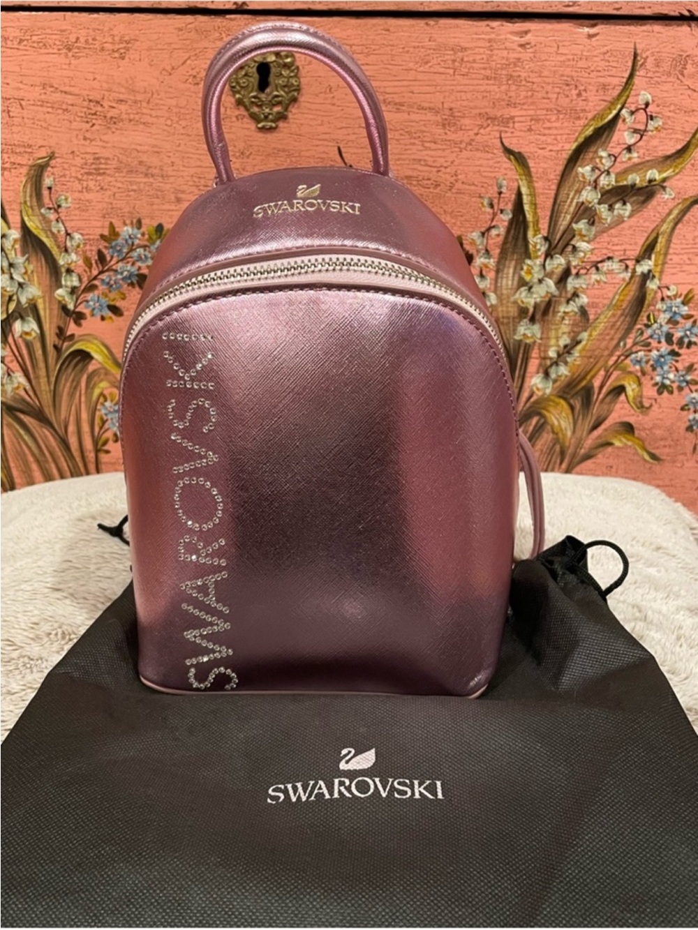 Swarovski Metallic Rose Pink Mini Backpack with Crystal Logo LIKE NEW